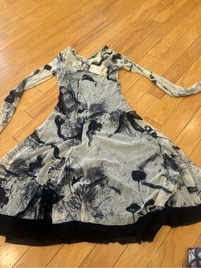 Off white and Black Floral Fit-and-Flare Dress fuzzy